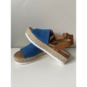 Women's Soda Open Toe Denim and Tan Espadrilles Wedge Sandals- Size 8.5